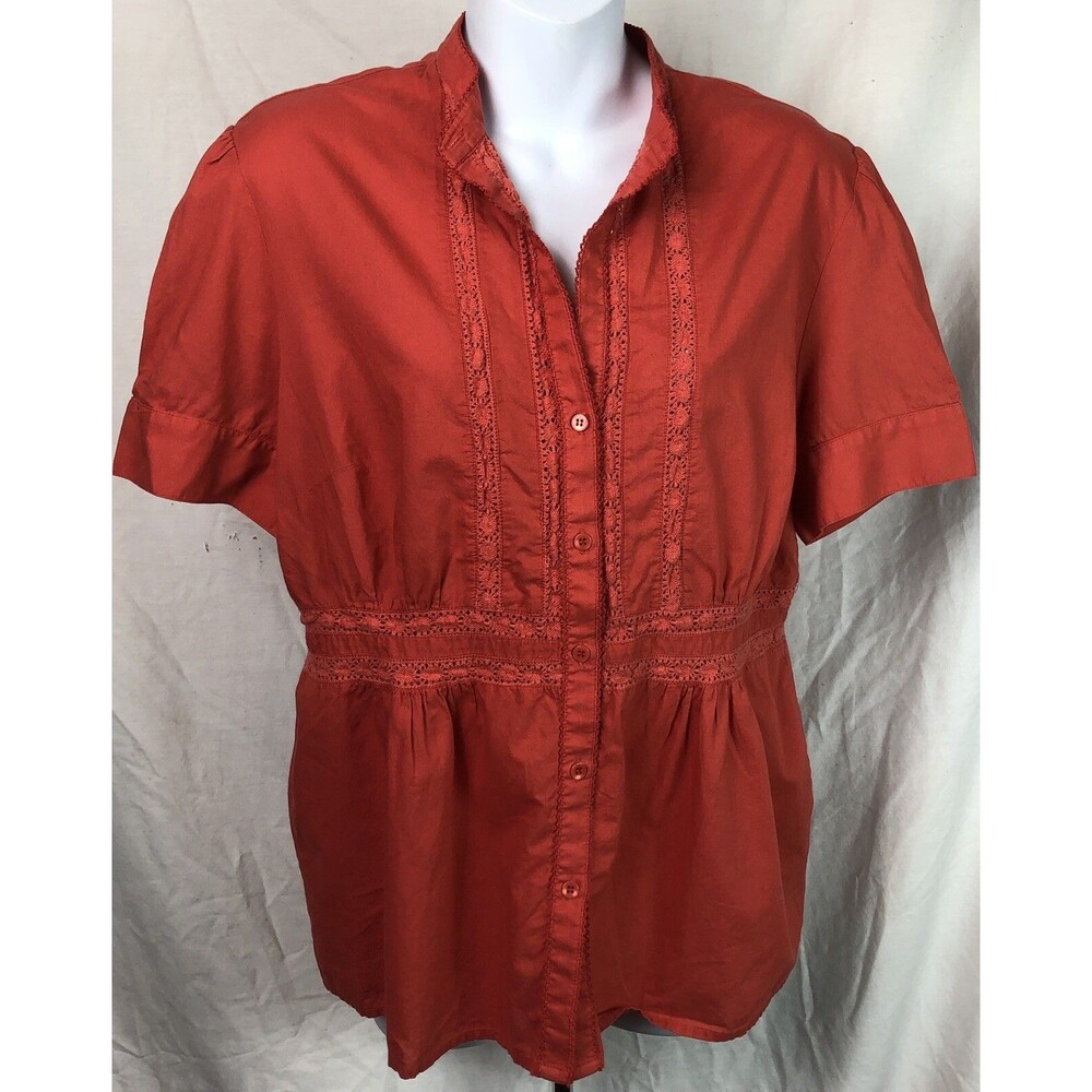 Jones NY Top L Orange Button Up Bobbin Lace Short Sleeve Boho Cottage Peasant